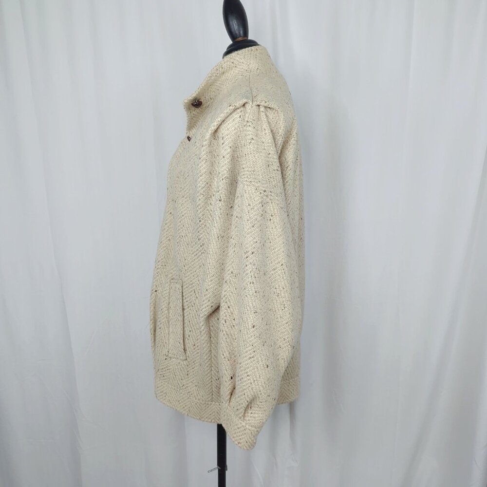 Vintage 80s Cream Tweed Pea Coat Medium PLC Wool Short Oatmeal - Picture 4 of 12